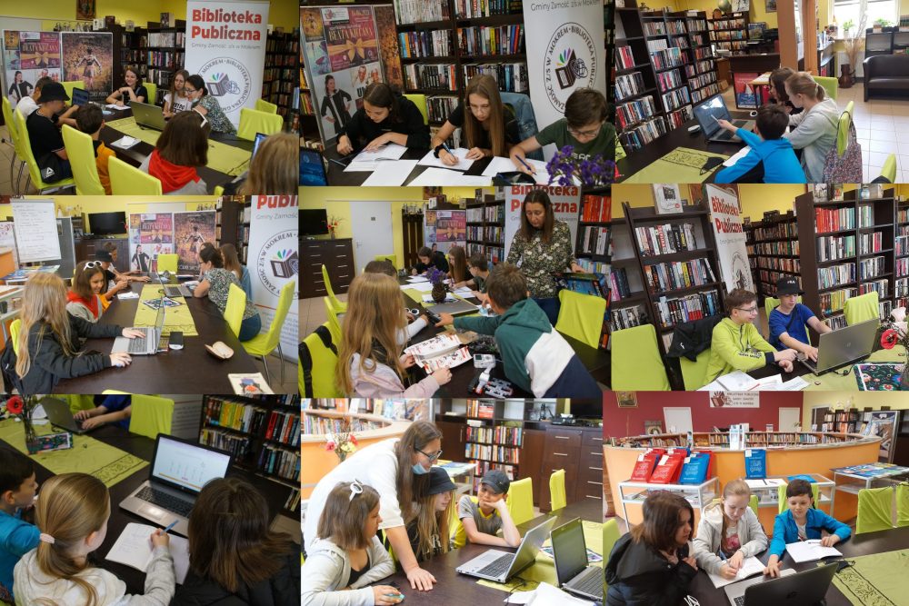 Kolaż ze zdjęć - sobotnie zajęcia w bibliotece - uczniowie SP w Mokrem wspólnie rozwiązują zadania matematyczne i nietylko