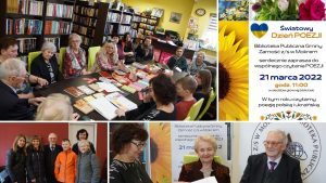 21 marca - spotkanie w bibliotece w Mokrem z okazji Światowego Dnia Poezji (kolaż ze zdjęć)