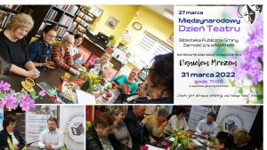 31 marca (kolaż ze zdjęć - spotkanie autorskie z Danielem Mrozem z okazji Międzynarodowego Dnia Teatru w BPGZ w Mokrem)