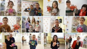 2 kwietnia Międzynarodowy Dzień Książki dla Dzieci w BPGZ Mokre (warsztaty plastyczne, na zdjęciu uczestnicy i ich prace - kolaż)